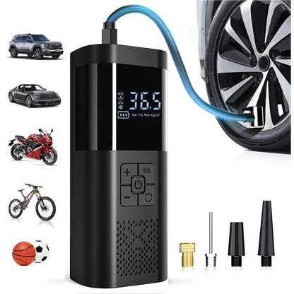 Compact black cordless tire inflator with air hose and nozzle adapters