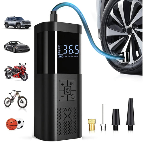 Compact black cordless tire inflator with air hose and nozzle adapters