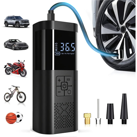 Compact black cordless tire inflator with air hose and nozzle adapters