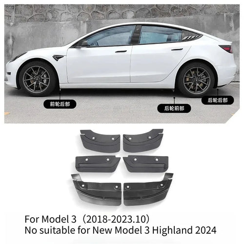 Hidden-Style TPE Mud Flaps for Tesla Model 3, Model 3 Highland, Model Y and Model Y Juniper 2025, 6-Piece or 4-Piece Set