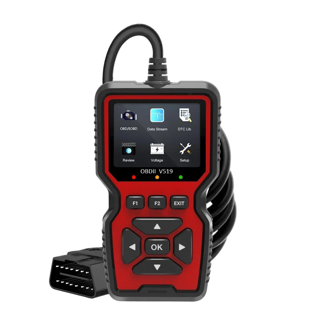 Red OBD2 scanner with color screen and OBD2 cable