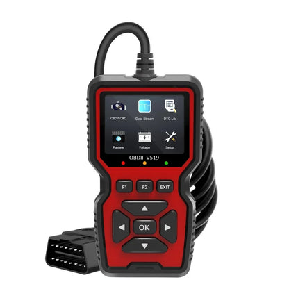 Red OBD2 scanner with color screen and OBD2 cable
