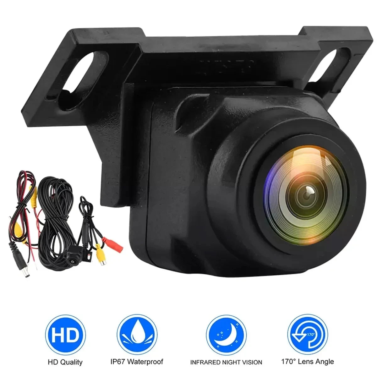 Backup camera with HD, waterproof, night vision and wide angle icons