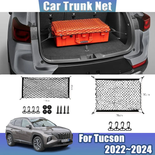 Cargo Net for Hyundai Tucson 2022-2024 (NX4), Black Mesh Trunk Net with Fabric-Strap Sides and 4 Adjustable Hooks, 2 Sizes