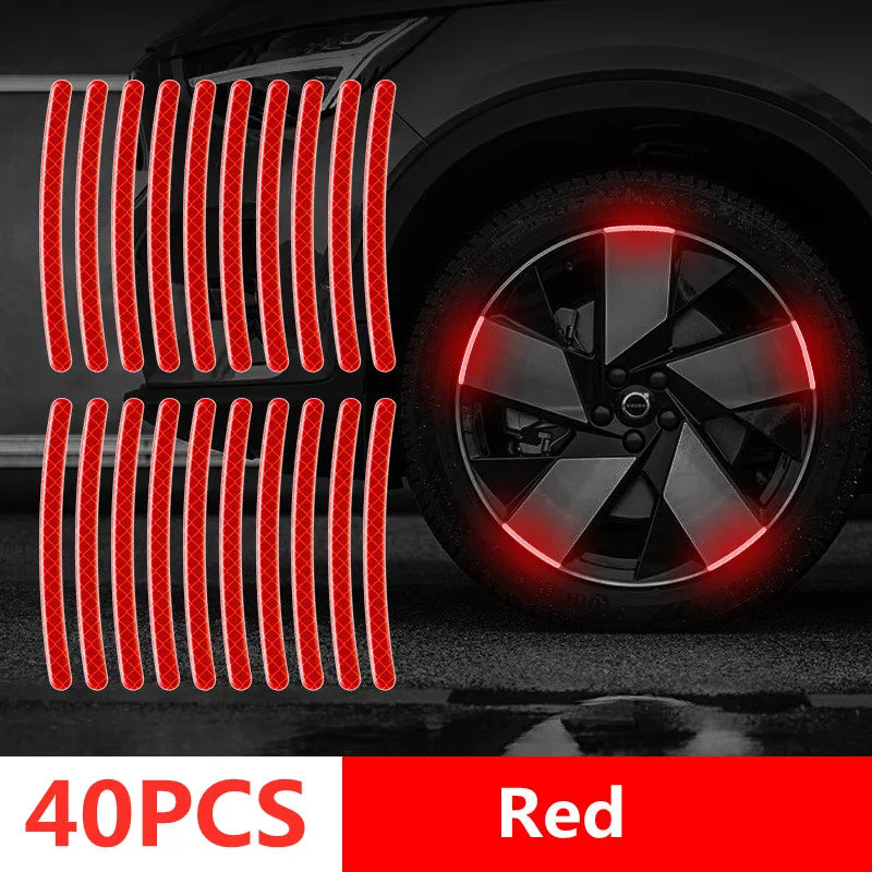 40 red reflective wheel rim strips and a wheel with them applied