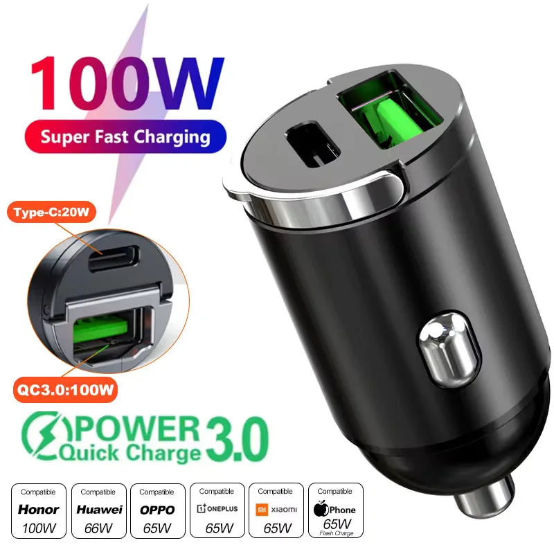 Mini Aluminum Car Charger, USB-C and USB Fast Charging up to 30W, Charges 2 Devices, Fits 12V and 24V Sockets