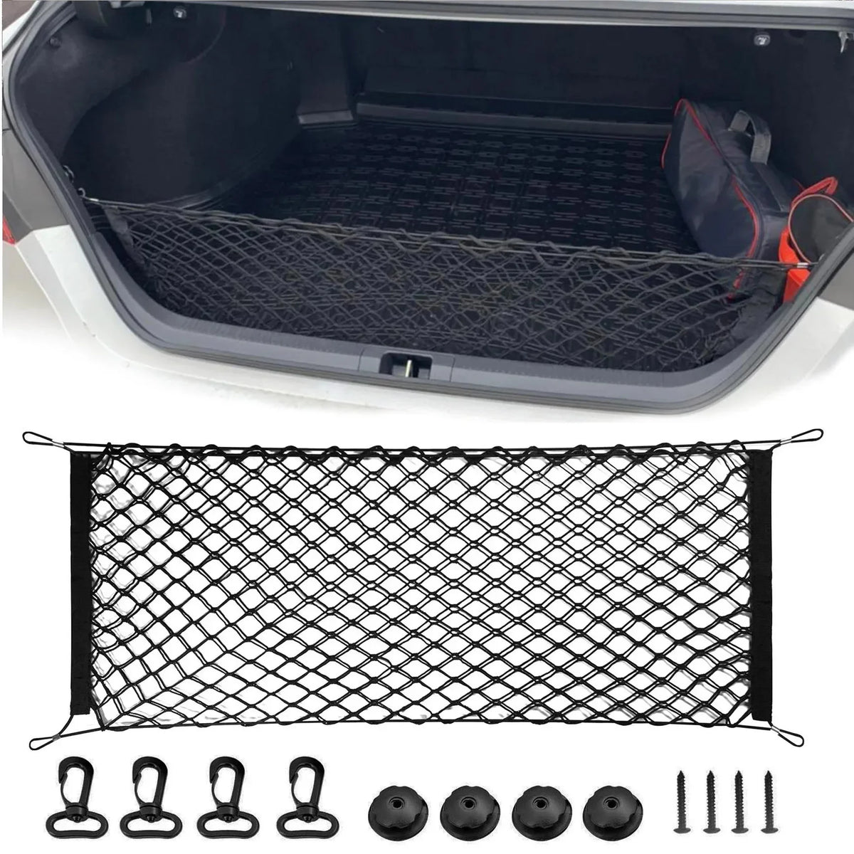 Elastic Nylon Mesh Trunk Cargo Net with 4 Plastic Hooks, Car Trunk Organizer for Loose Items, 3 Sizes from 35 x 12 to 43 x 16 Inch