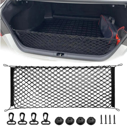 Elastic Nylon Mesh Trunk Cargo Net with 4 Plastic Hooks, Car Trunk Organizer for Loose Items, 3 Sizes from 35 x 12 to 43 x 16 Inch