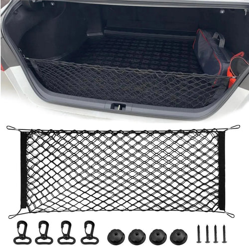 Elastic Nylon Mesh Trunk Cargo Net with 4 Plastic Hooks, Car Trunk Organizer for Loose Items, 3 Sizes from 35 x 12 to 43 x 16 Inch