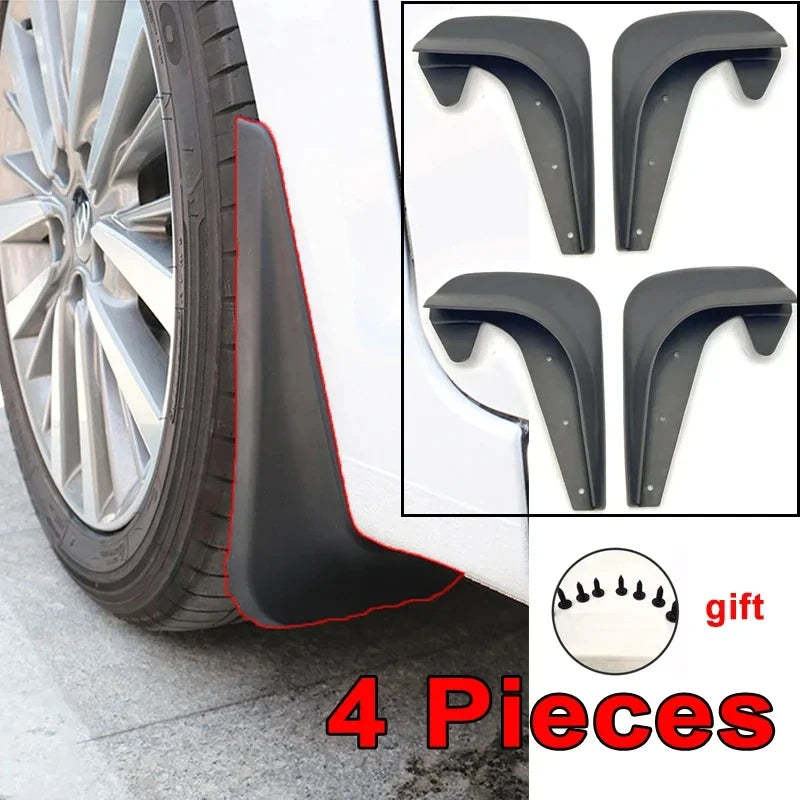 Four mud flaps with screws, shown installed behind a wheel