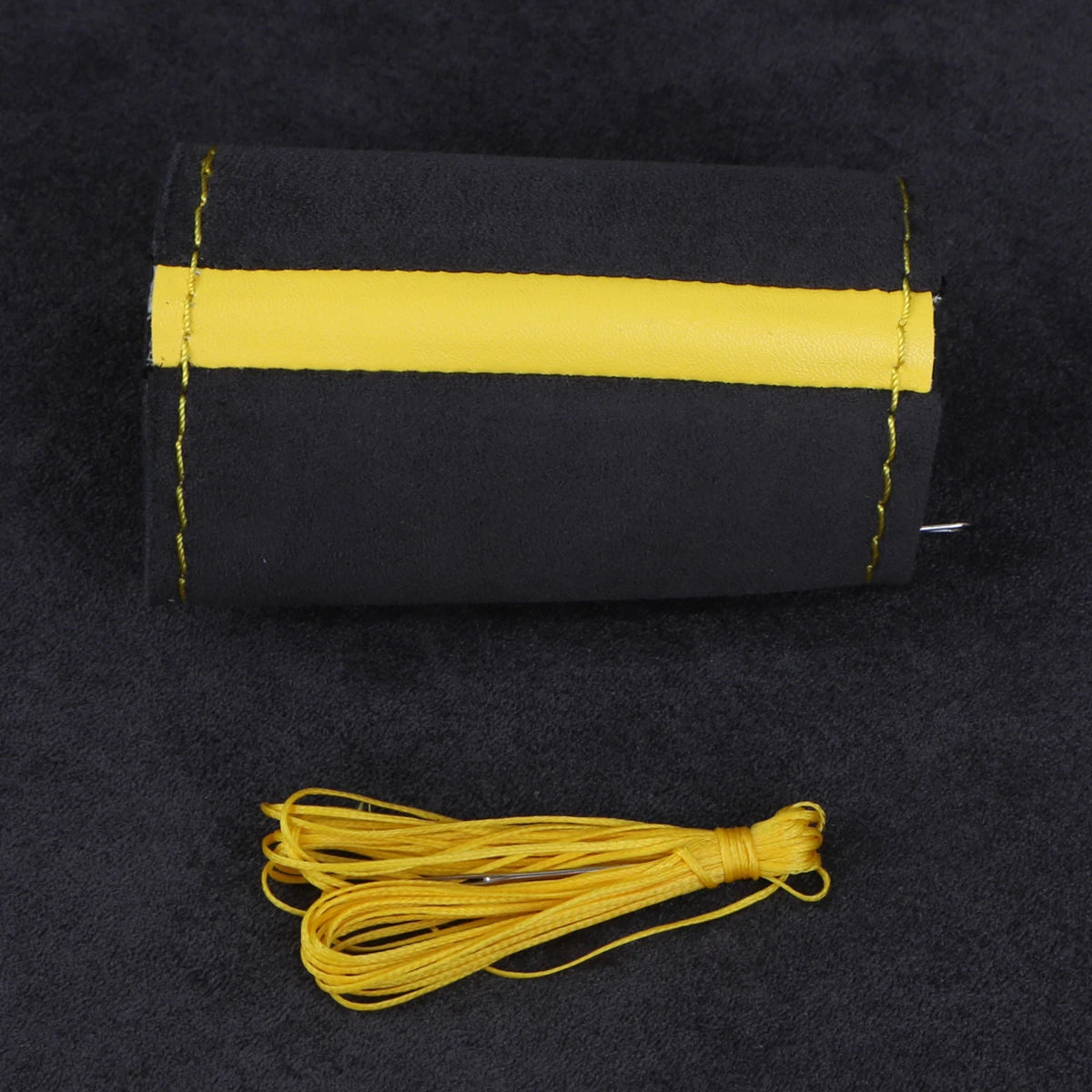 Faux suede cover with yellow stripe and yellow thread