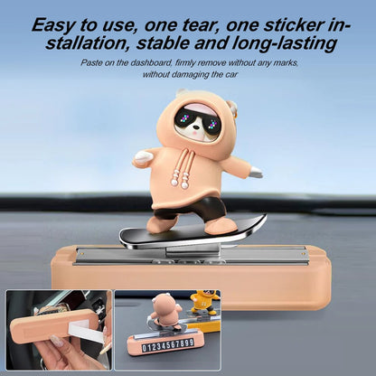 Skateboarding Bear Dashboard Ornament, Sliding Bear Car Decoration with Optional Magnetic Phone Number Plate, 5 Colors