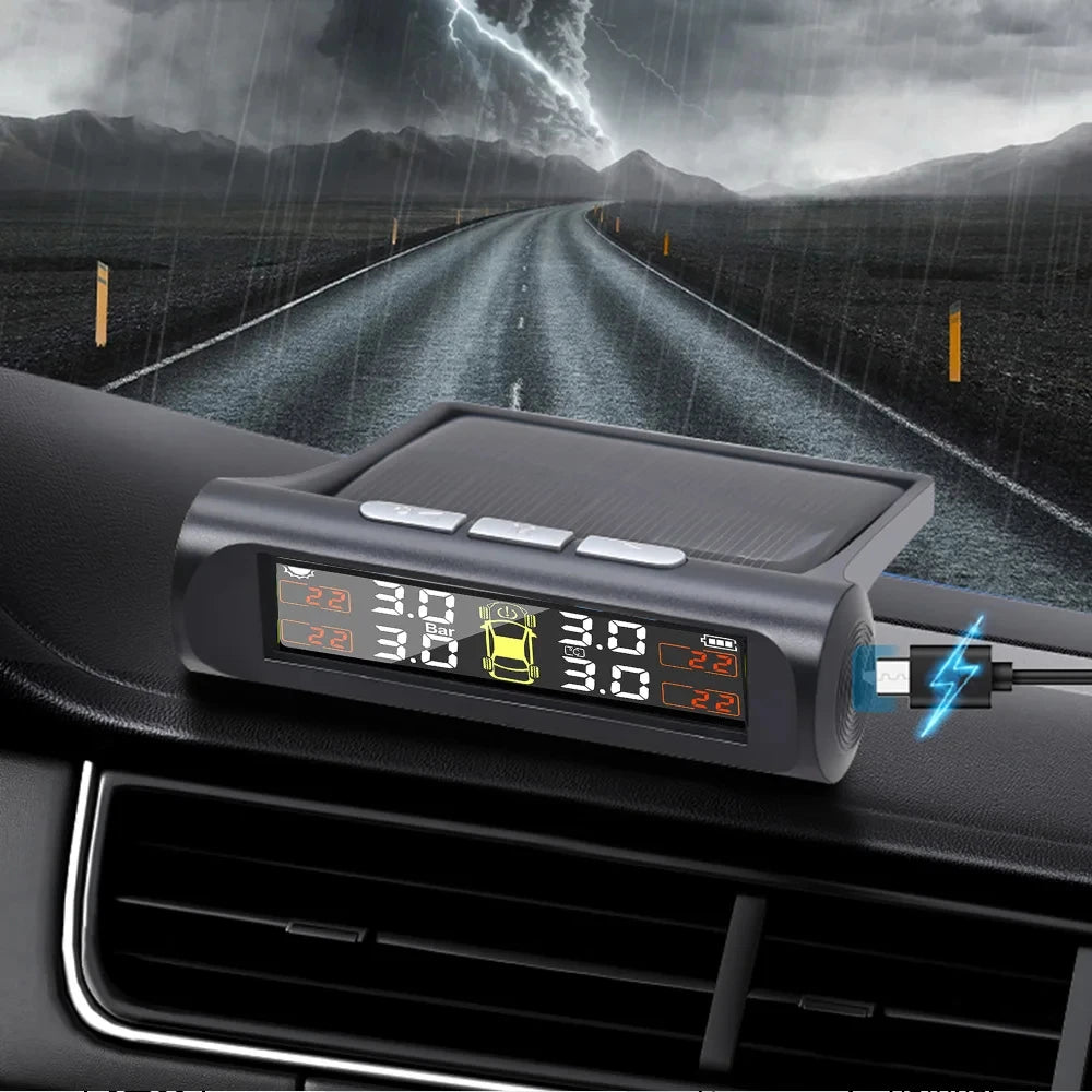 Solar Tire Pressure Monitor, Wireless TPMS with 4 External Sensors, Waterproof Sensors with Replaceable Batteries