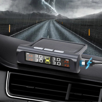 Solar Tire Pressure Monitor, Wireless TPMS with 4 External Sensors, Waterproof Sensors with Replaceable Batteries
