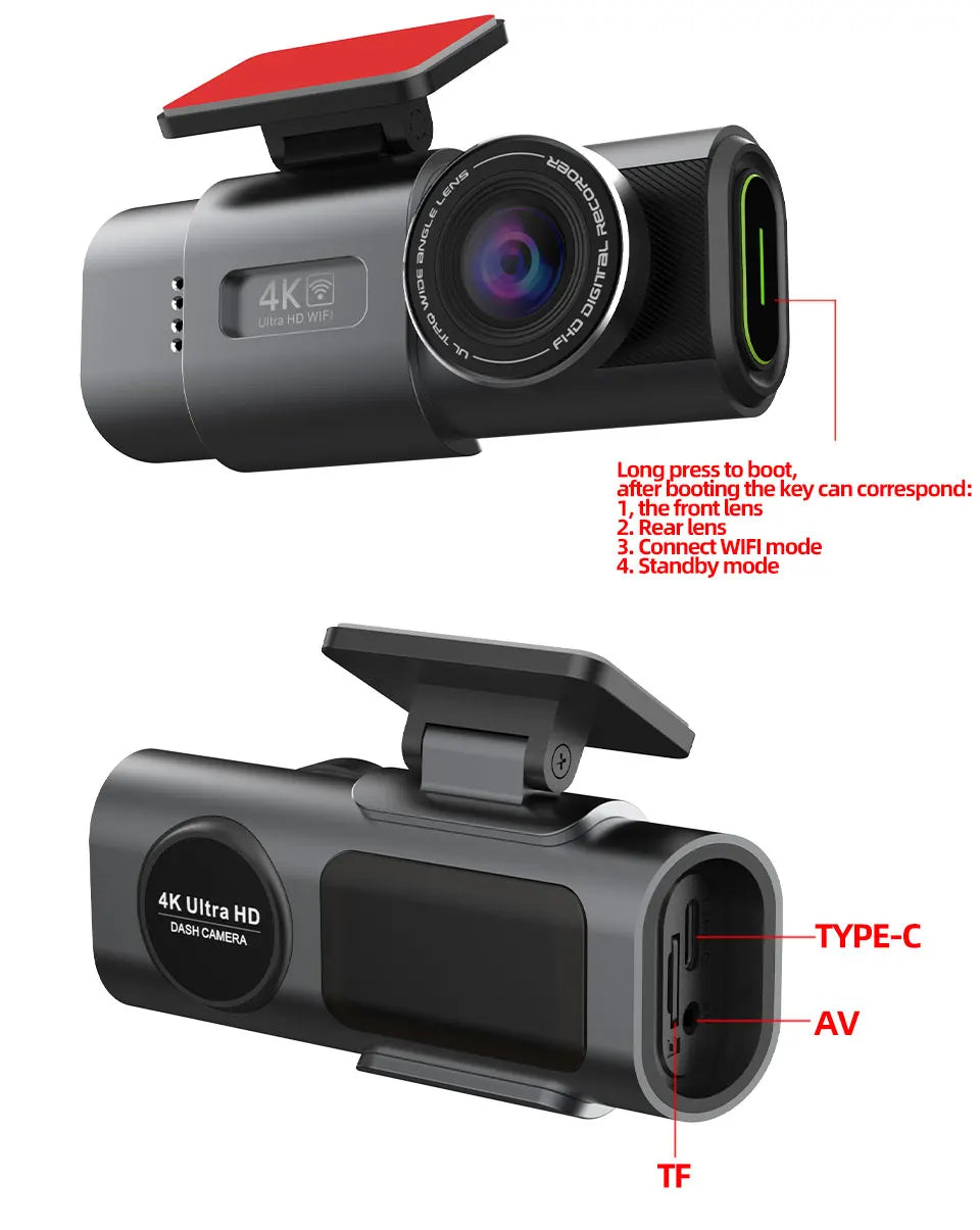 Front and back of the dash cam with Type-C and AV ports