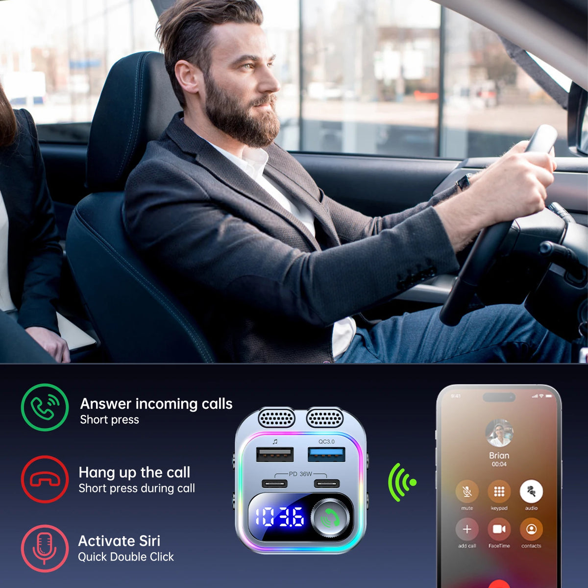 66W Car Charger with Bluetooth 5.4 FM Transmitter, Dual PD Fast Charging, Hands-Free Calling with Dual Mics, Bass Boost