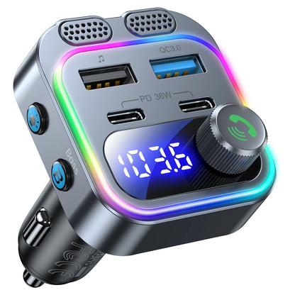 66W Car Charger with Bluetooth 5.4 FM Transmitter, Dual PD Fast Charging, Hands-Free Calling with Dual Mics, Bass Boost