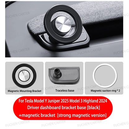Round Magnetic Phone Mount for Tesla Model Y Juniper 2025 and Model 3 Highland 2024-2025, Snap-On ABS Holder, Rotates 360 Degrees