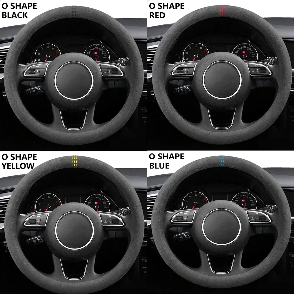O shape suede covers with black, red, yellow and blue stitch markers on steering wheels