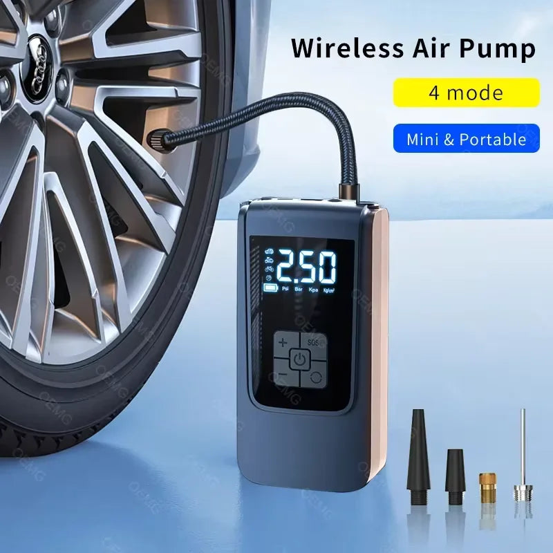 Cordless tire inflator with digital display next to a car tire, with nozzle adapters