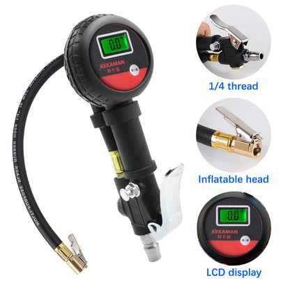 Tire inflator gauge features: 1/4 inch thread, inflator head and LCD display