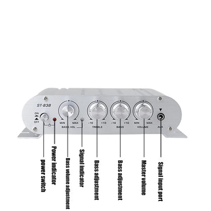 Front panel of the mini amplifier with labeled knobs
