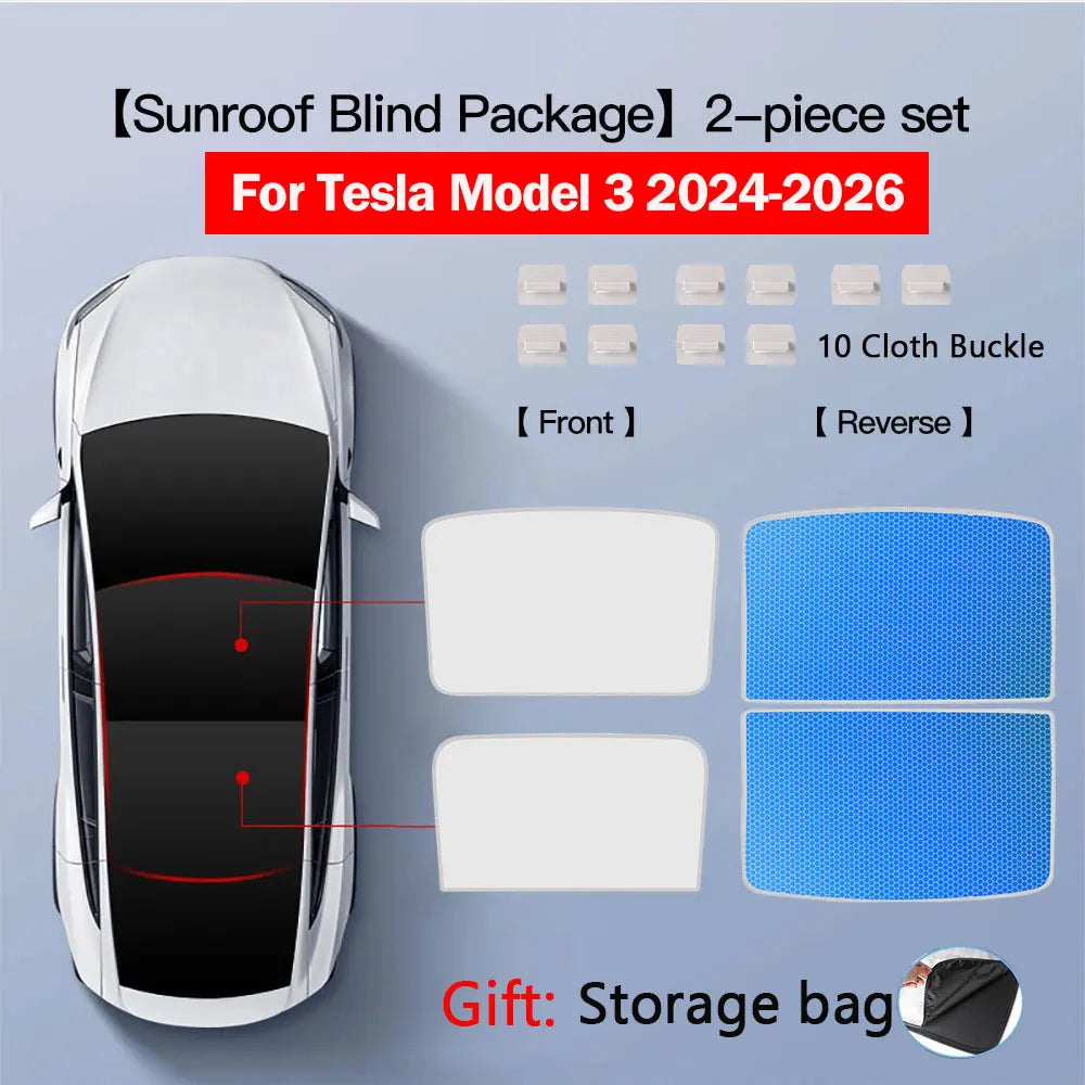 Glass Roof Sunshade for Tesla Model Y 2020-2024 and Juniper, Model 3 2017-2023 and Highland, Clip-On Shades in Black, White or Blue