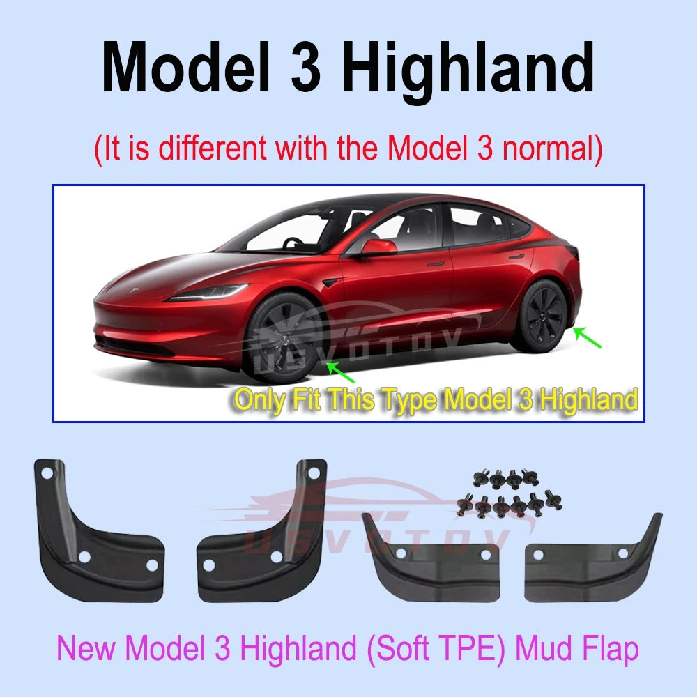 Soft TPE Mud Flaps for Tesla Model Y Juniper 2025+, Model 3 Highland 2024+ and Model Y L 6-Seat, No-Drill Splash Guards