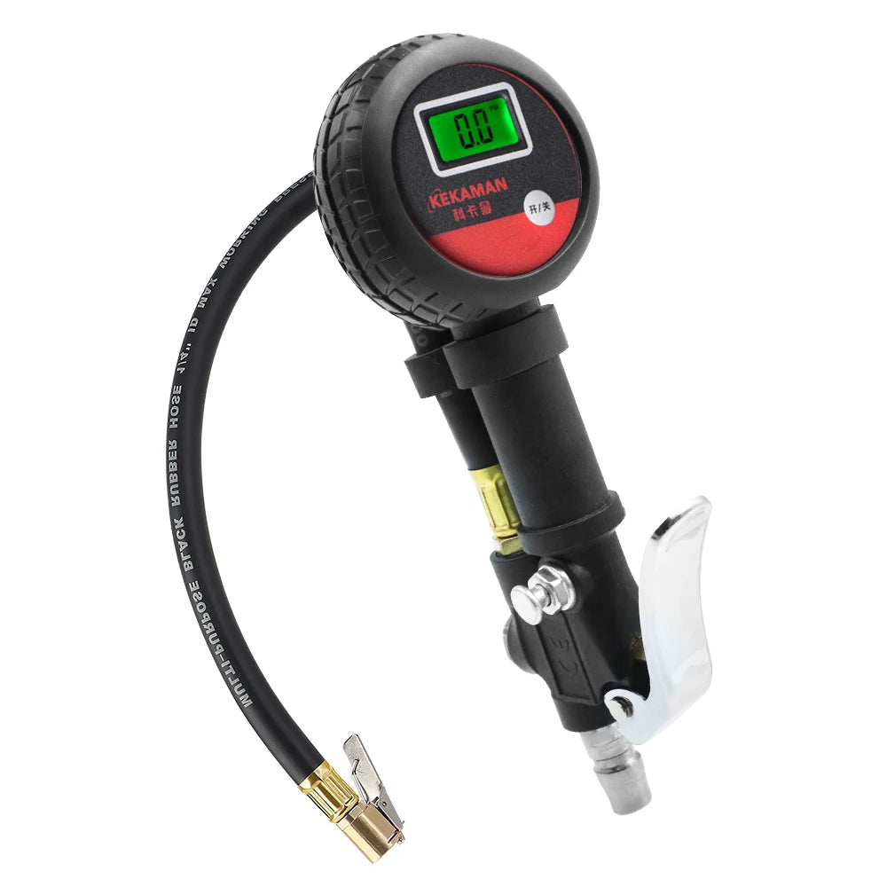 Digital tire inflator gauge with rubber-covered LCD head, trigger and hose