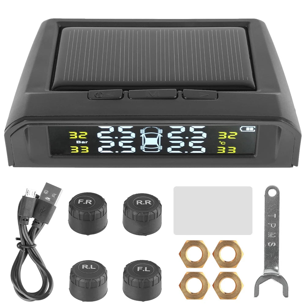 Solar Tire Pressure Monitoring System, Wireless TPMS with 4 External Sensors, Real-Time Pressure and Temperature, PSI or Bar, 15 Styles