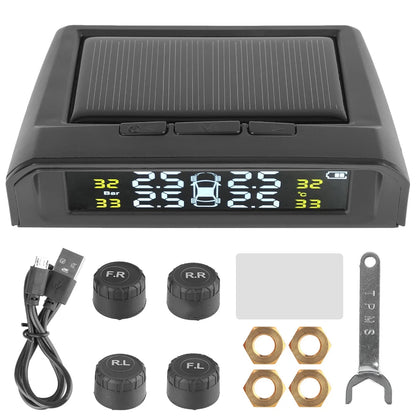 Solar Tire Pressure Monitoring System, Wireless TPMS with 4 External Sensors, Real-Time Pressure and Temperature, PSI or Bar, 15 Styles