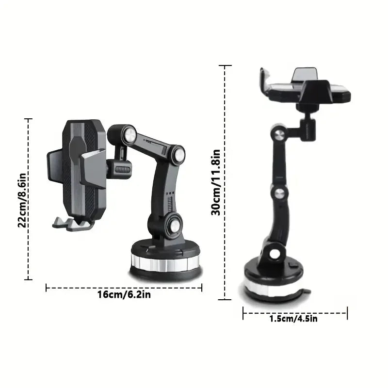 Phone mount dimensions: 8.6 in folded, 11.8 in extended