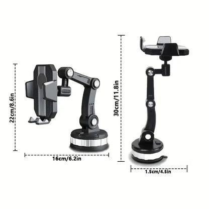 Phone mount dimensions: 8.6 in folded, 11.8 in extended