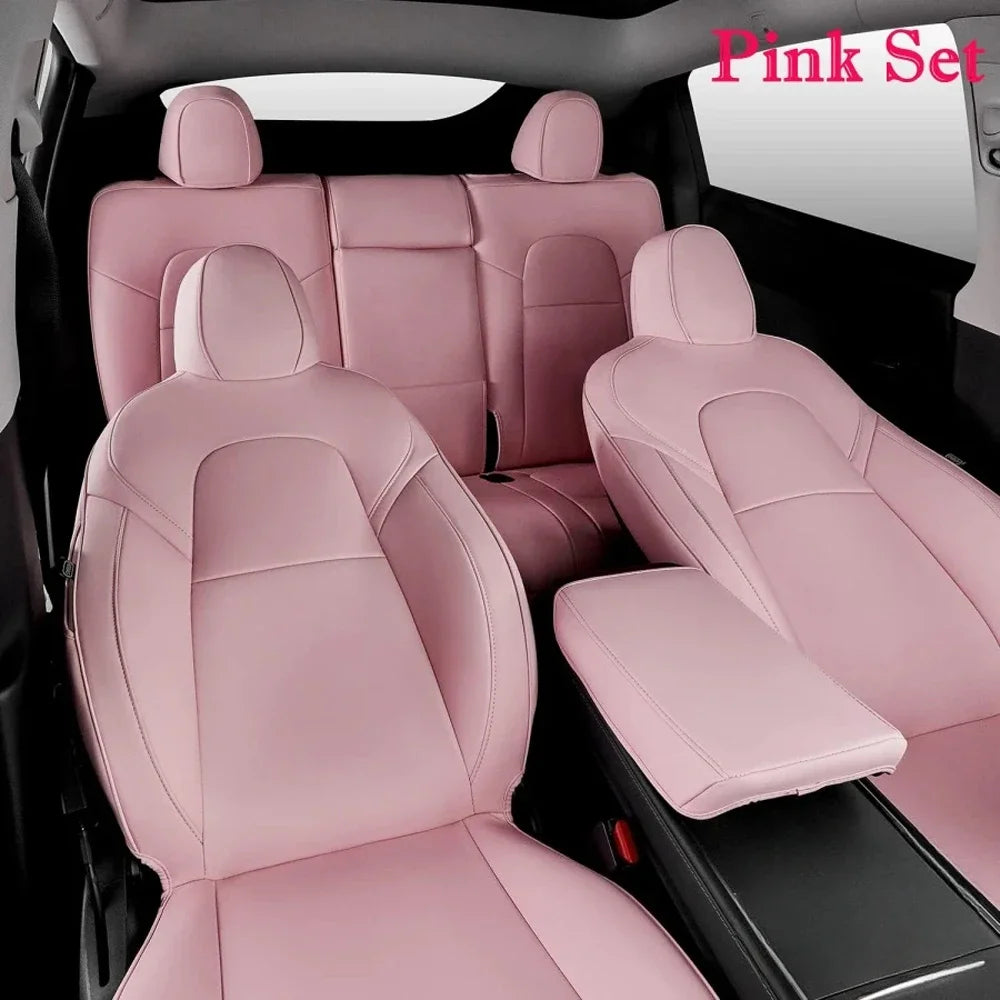 PU Leather Seat Covers for Tesla Model Y 2020-2024, 5-Seat Full Set with Headrest Covers and Front Seat Pockets