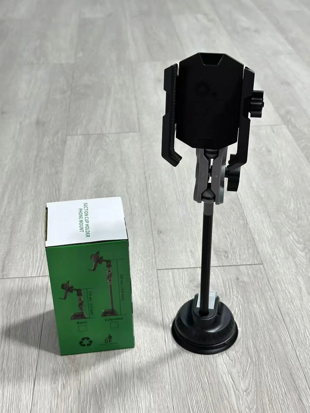 Long-arm version of the suction cup phone mount with its box