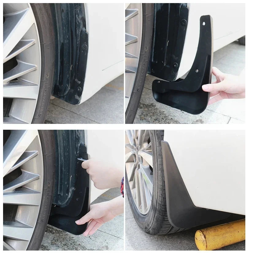 Mud flaps installed on the front and rear wheels