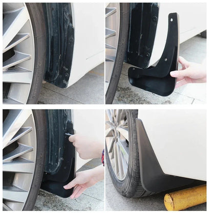 Mud flaps installed on the front and rear wheels