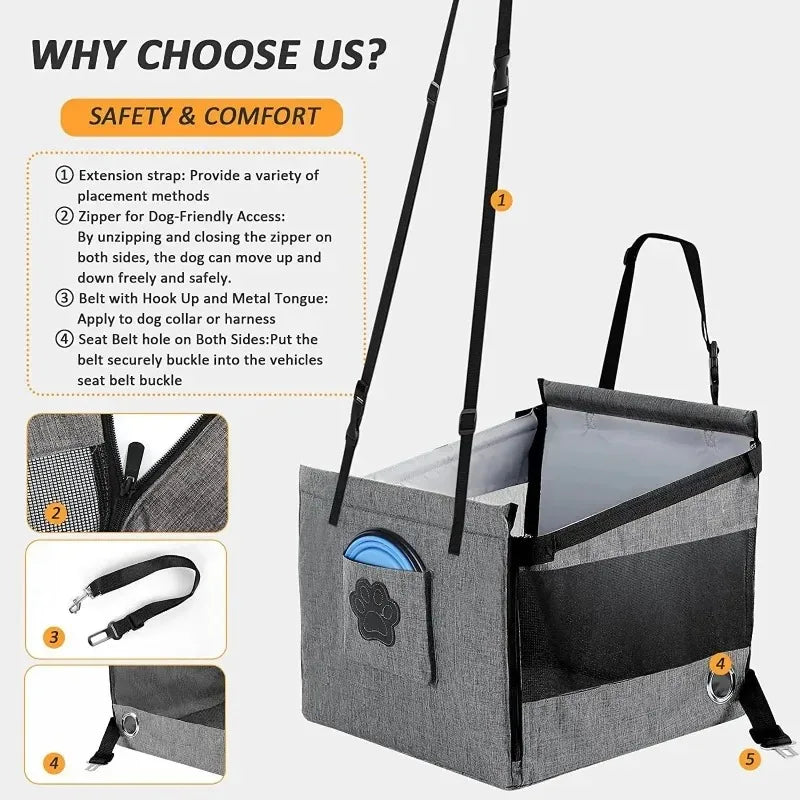 Portable Dog Car Seat and Carrier with Mesh Protector, Waterproof Nylon Pet Travel Seat for Medium-Sized Dogs, Gray or Black