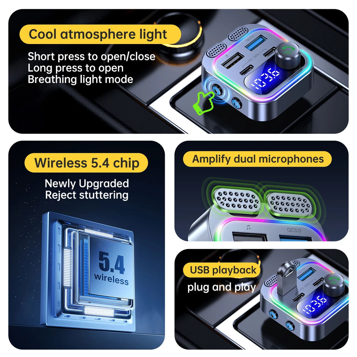 66W Car Charger with Bluetooth 5.4 FM Transmitter, Dual PD Fast Charging, Hands-Free Calling with Dual Mics, Bass Boost