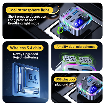 66W Car Charger with Bluetooth 5.4 FM Transmitter, Dual PD Fast Charging, Hands-Free Calling with Dual Mics, Bass Boost