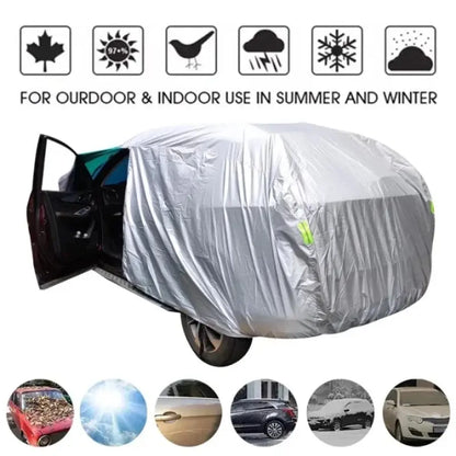 Two-Tone Silver Full Car Cover with Door Zipper and Wind Straps, 190T Polyester Outdoor Cover for Sedans and SUVs, 8 Sizes