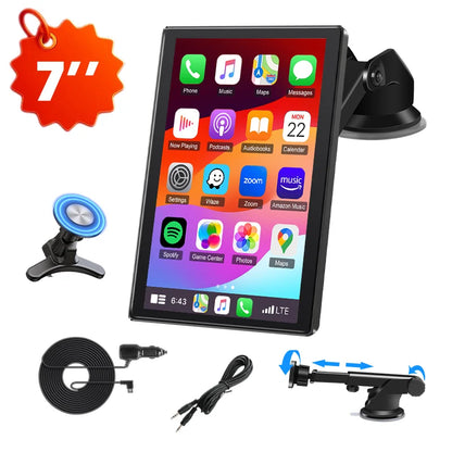 7 inch portable CarPlay screen with mounts and cables