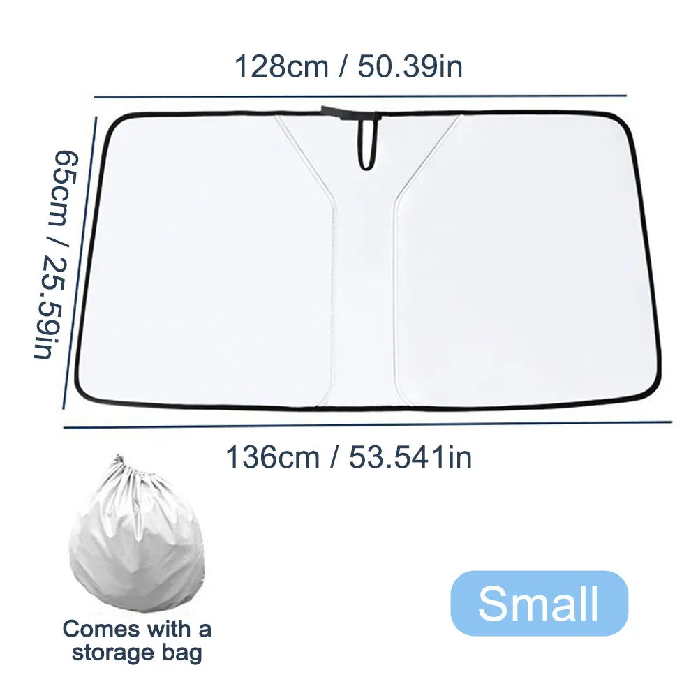 Small windshield sun shade size: 50.4 in top, 53.5 in bottom, 25.6 in high