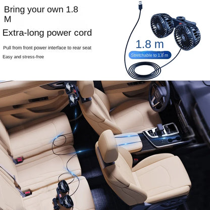Rear Seat Car Fan with Flexible Silicone Neck, 3 Speed USB Cooling Fan for Back Seat Passengers, 1 or 2 Fan Heads