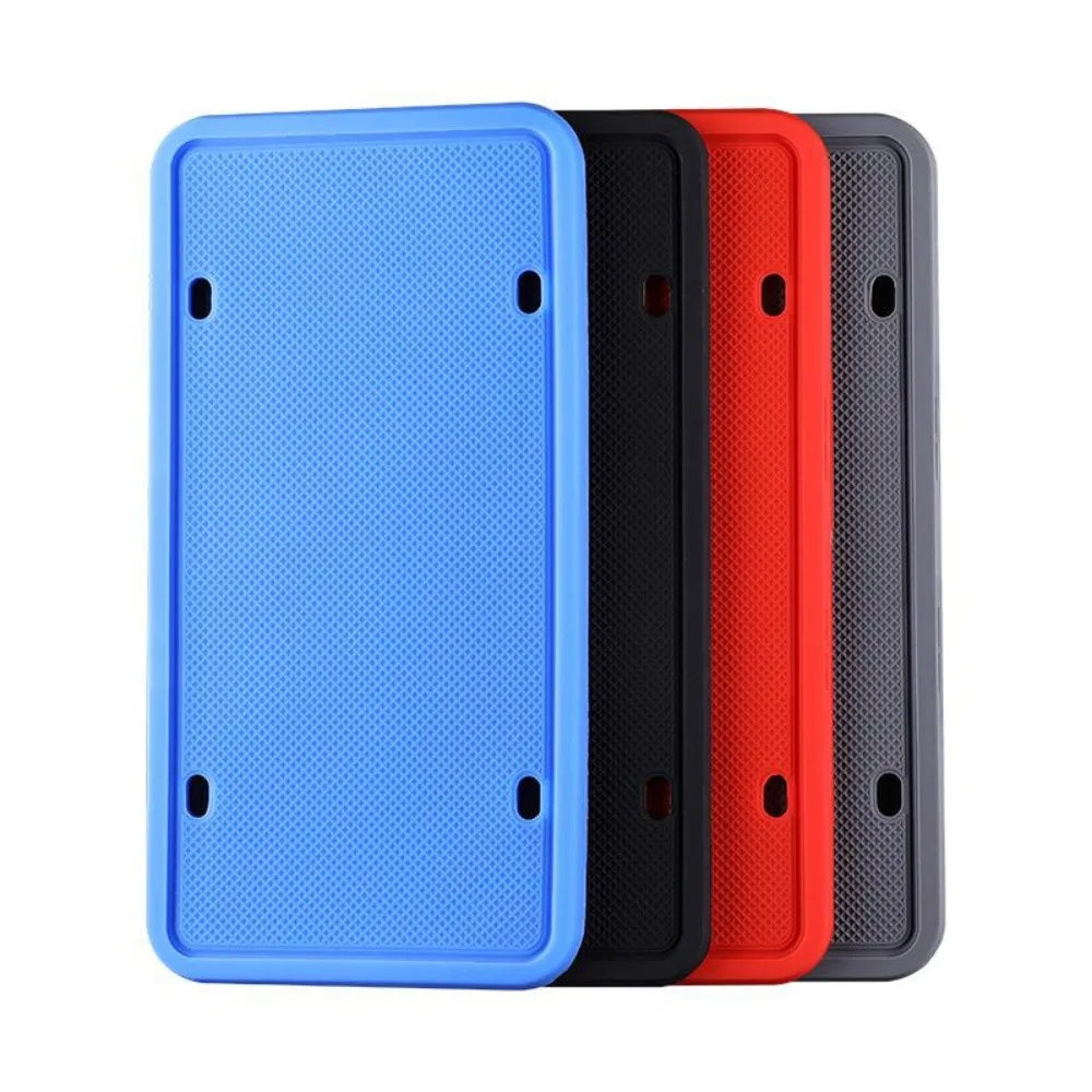 Silicone license plate frames in blue, black, red and gray