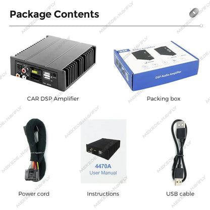 Package contents: DSP amplifier, power harness and cables