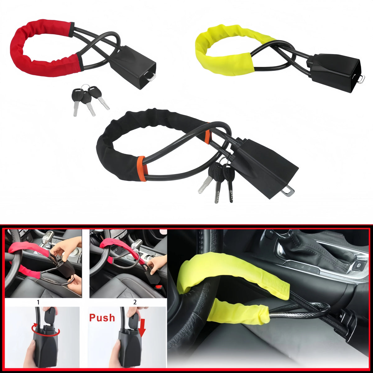 Steering Wheel Lock with Steel Cable, Key Operated Anti-Theft Device with Scratch Free Fabric Sleeve, Fits Most Cars, SUVs and Trucks