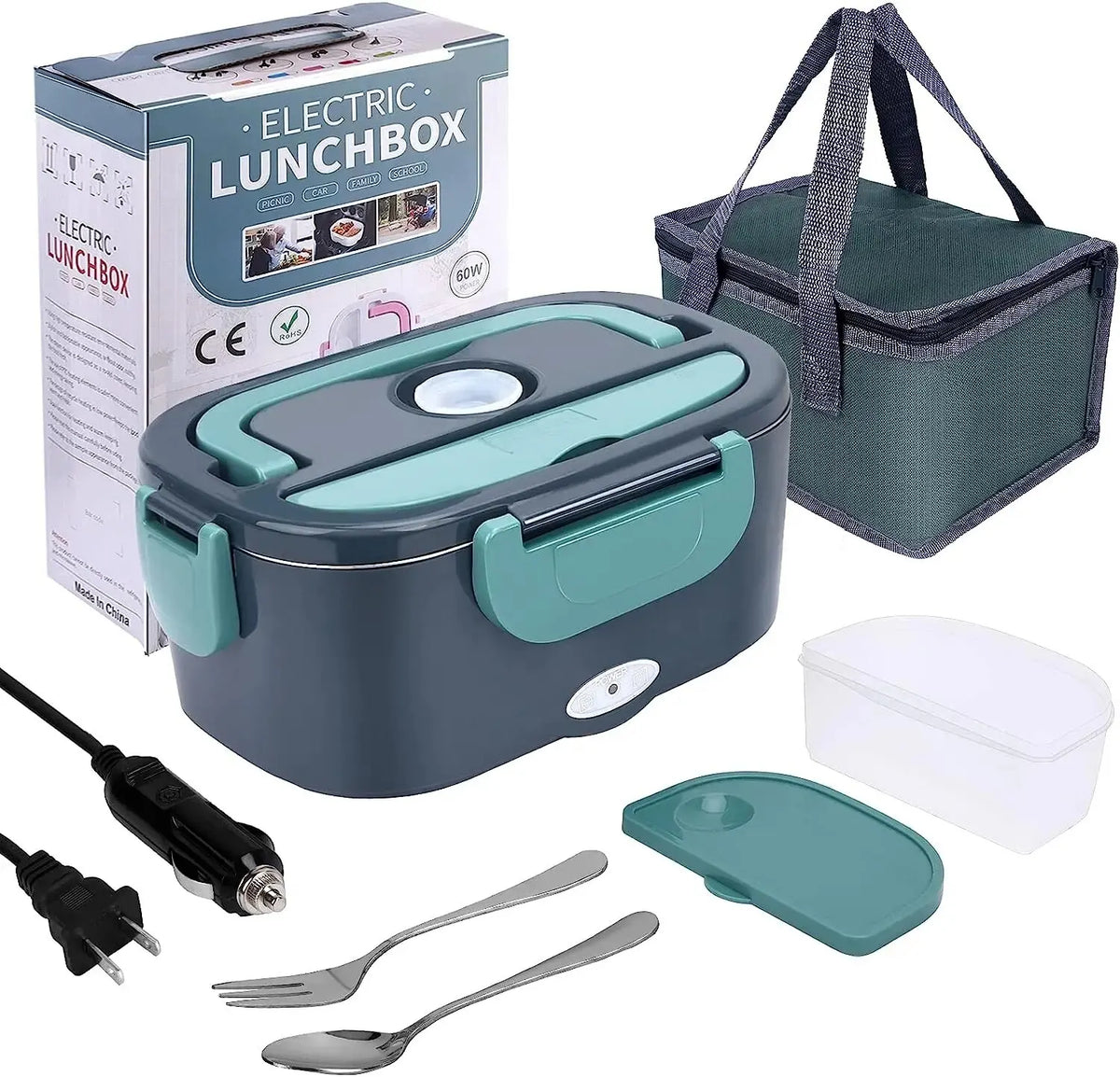 60W Electric Lunch Box for Car, Truck and Home, 1.5 L Heated Food Container with Stainless Steel Liner, Carry Bag, Fork and Spoon