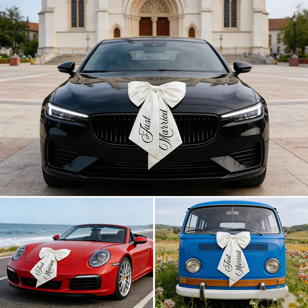 Just Married Car Bow, Large 24 x 39 in Ribbon Bow for the Wedding Car, Engagement, Bridal Shower and Wedding Photo Props