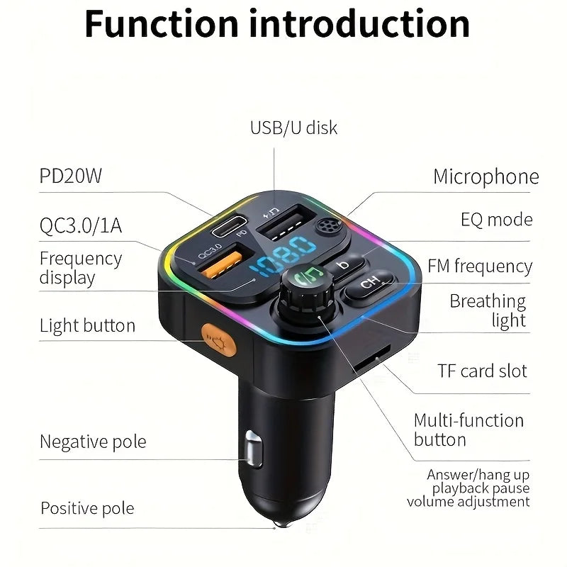 Bluetooth 5.3 FM Transmitter for Car, Hands-Free Calling, 20W USB-C PD and QC3.0 Fast Charging, USB Music Playback, Ambient Light